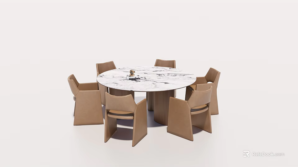 Modern Round Marble Top Dining Table Set With Six Light Brown Chairs 3d model
