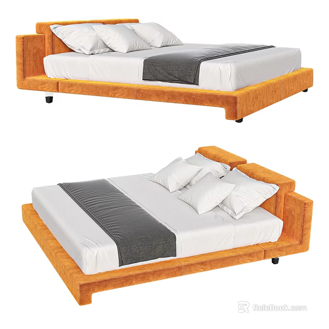 Modern Double Bed With Orange Frame White Mattress And Gray Pillows 3d model