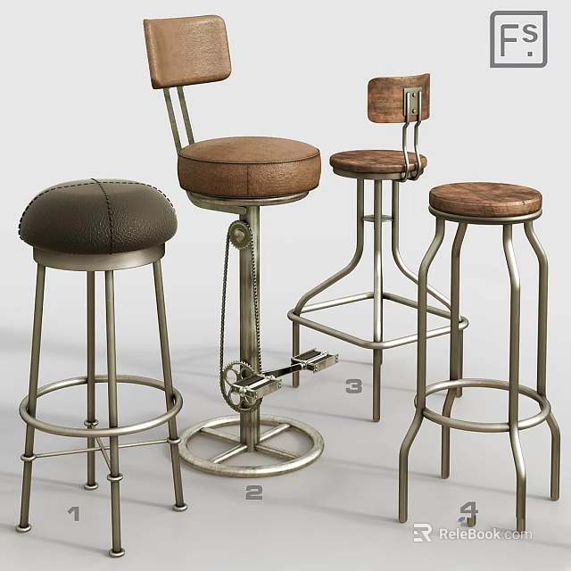 Modern Bar Stools With Leather And Wooden Seats And Metal Frames 3d model 