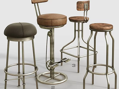 Modern Bar Stools With Leather And Wooden Seats And Metal Frames 3d model