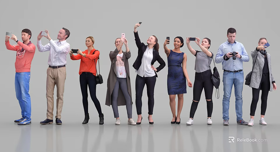 Diverse Group of People Taking Photos with Smartphones in Indoor Studio 3d model