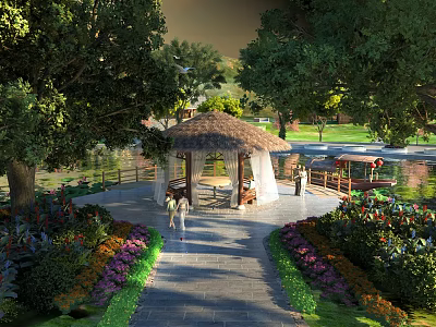 Scenic Garden Pavilion With Lush Trees Colorful Flowers And Pathway Near Water 3d model