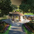 Scenic Garden Pavilion With Lush Trees Colorful Flowers And Pathway Near Water