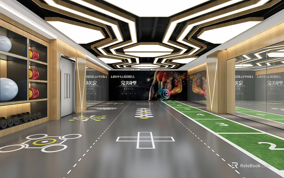Modern Fitness Training Studio With Geometric Ceiling Lights Marked Zones And Sports Shoes Display Shelves 3d model 
