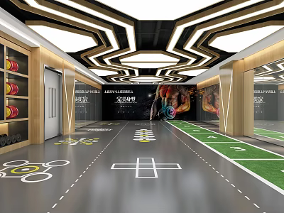 Modern Fitness Training Studio With Geometric Ceiling Lights Marked Zones And Sports Shoes Display Shelves 3d model