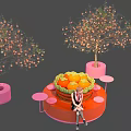 Instagrammable Photo Spot With Orange Fruit Trees Pink Planters And Red Circular Platform