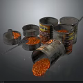 Open Metal Cans With Spilled Red Beans And Silver Spoon On Black Surface