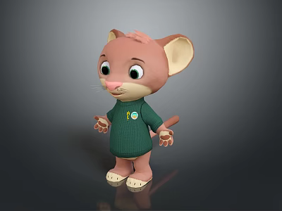 Cute Pink Eared Mouse Game And Movie Character In Green Sweater With Yellow Badge 3d model