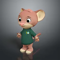 Cute Pink Eared Mouse Game And Movie Character In Green Sweater With Yellow Badge