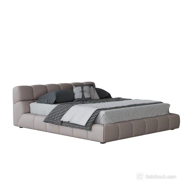 Beige Leather Double Bed With Upholstered Headboard And Gray Pillows And Checkered Bedspread 3d model