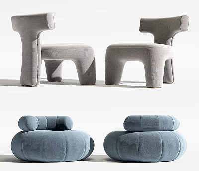 Gray And Blue Velvet Single Seater Sofa With Unique Design And Rounded Shape 3d model