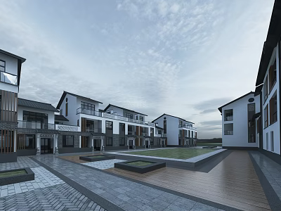 Modern Townhouses Exterior Design Featuring Courtyard Row Layout Brick Paved Ground And Wooden Deck 3d model