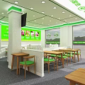 Bright Green Restaurant Interior With Wooden Tables Green Chairs And Menu Boards