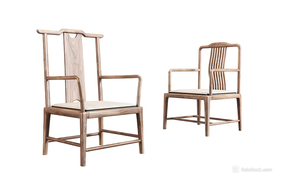 Set Of Two Traditional Wooden Leisure Chairs With Armrests And Comfortable Cushioned Seats 3d model 