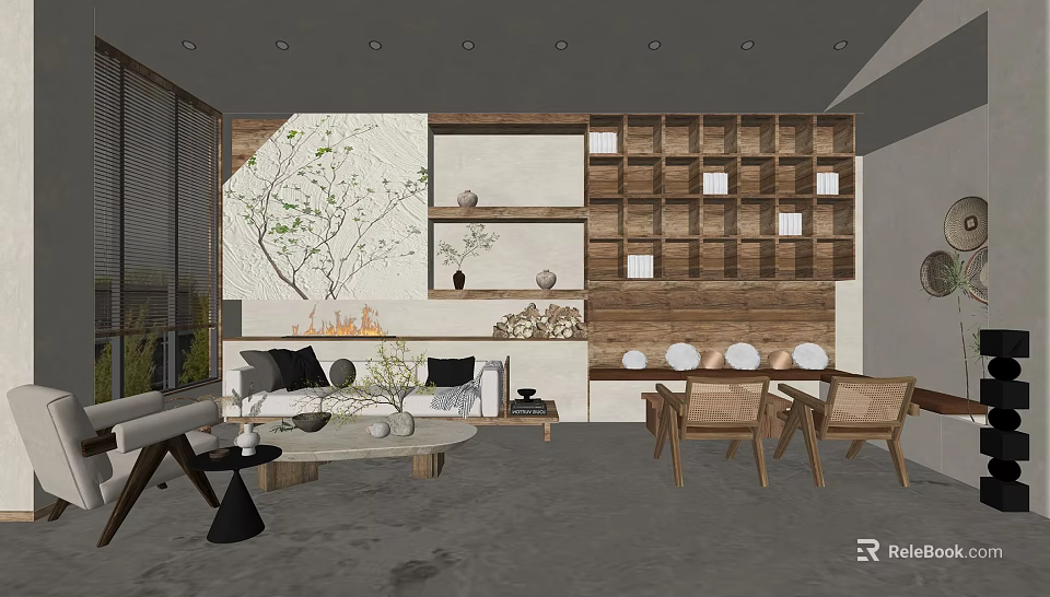 Modern Living and Dining Room Interior With Wooden Wall Art Sofa Bookshelves And Dining Chairs 3d model 