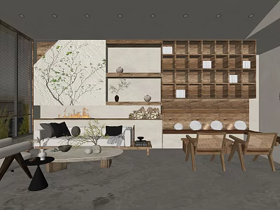 Modern Living and Dining Room Interior With Wooden Wall Art Sofa Bookshelves And Dining Chairs 3d model
