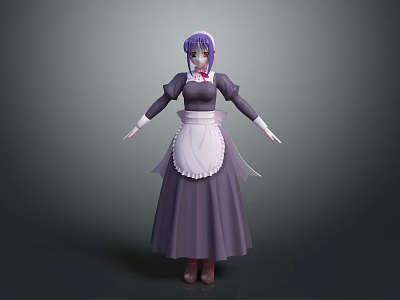 Female Game Movie Character 3D Model With Purple Hair in Maid Outfit and White Apron 3d model