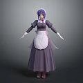 Female Game Movie Character 3D Model With Purple Hair in Maid Outfit and White Apron