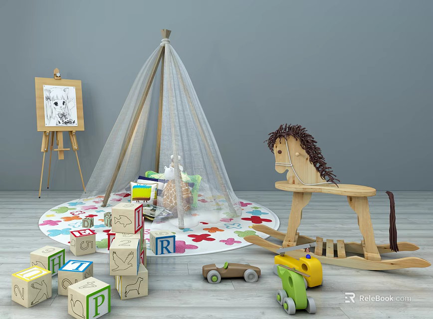 Colorful Wooden Building Blocks With Tent Rocking Horse And Toy Car On Colorful Carpet 3d model 