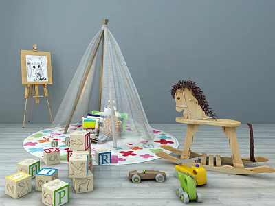 Colorful Wooden Building Blocks With Tent Rocking Horse And Toy Car On Colorful Carpet 3d model