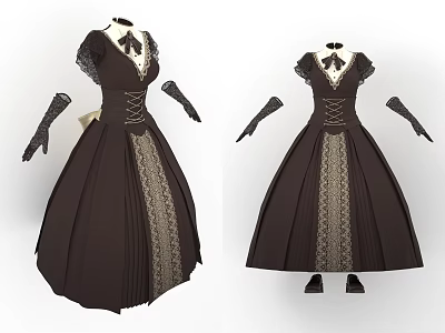 Vintage Black Long Dress With Intricate Lace Details Gloves And Shoes 3d model