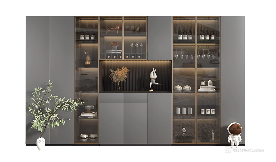 Elegant Modern Wine Cabinet With Glass Doors Displaying Wine Bottles Glasses And Decorative Items 3d model 