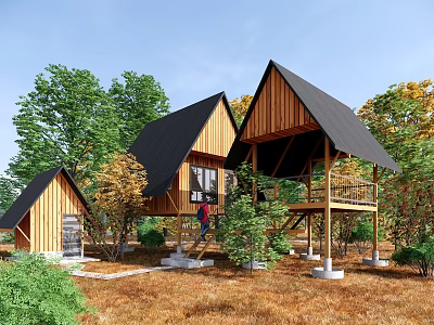 Wooden Cabins With Black Roofs And Decks Surrounded By Green Trees 3d model