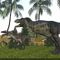 Lush Natural Scene With Various Dinosaurs Palm Trees Green Grass And Blue Sky
