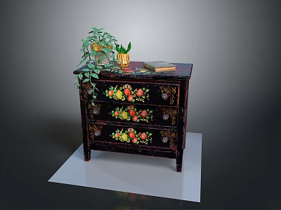 Black Wooden Cabinet With Floral Fruit Paintings Green Plant Golden Vase And Book 3d model