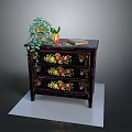 Black Wooden Cabinet With Floral Fruit Paintings Green Plant Golden Vase And Book