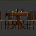 Round Wooden Table With Green Top And Four Wooden Chairs With Wine Bottles And Glasses