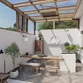 Modern Villa Balcony With Glass Roof Wooden Frame Sliding Doors Outdoor Furniture And White Walls