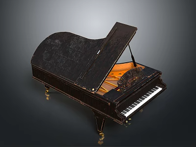 Black Grand Piano With Open Lid And Orange Interior Golden Legs 3d model