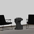 Modern Black Leather Lounge Chairs with Metal Frame Wooden Side Table Books White Vertical Blinds