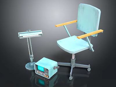 Light Blue Medical Chair With Adjustable Tray Stand And Equipment Unit 3d model
