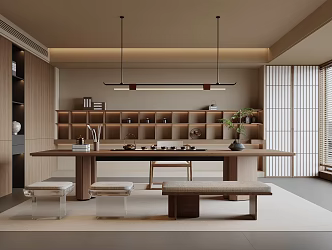 New Chinese Style Tea Room Song Style Tea Room Tea Table and Chair Tea Cabinet Chandelier 3d model