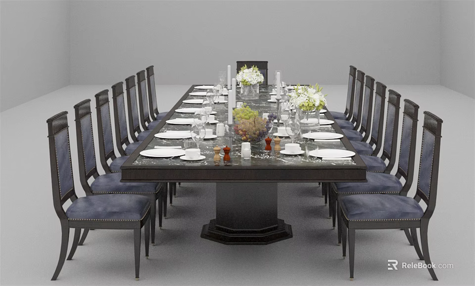Dark Wood Dining Table Set With Blue Cushioned Chairs Tableware Flower Vases And Fruit Decorations 3d model 