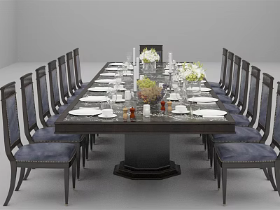 Dark Wood Dining Table Set With Blue Cushioned Chairs Tableware Flower Vases And Fruit Decorations 3d model