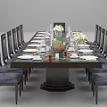 Dark Wood Dining Table Set With Blue Cushioned Chairs Tableware Flower Vases And Fruit Decorations