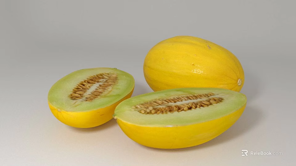 Fresh Yellow Honeydew Melon With Whole And Sliced Halves Juicy Flesh And Seeds 3d model 