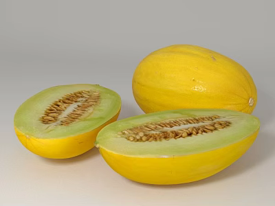 Fresh Yellow Honeydew Melon With Whole And Sliced Halves Juicy Flesh And Seeds 3d model