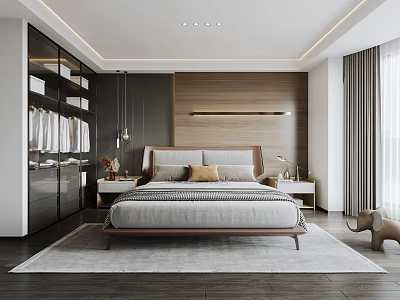 Modern Bedroom Interior Featuring Wooden Accent Wall Bed Nightstands Table Lamps Rug And Wardrobe 3d model