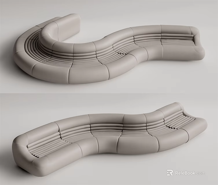 Modern Gray Curved Sofa With Stitched Design For Contemporary Living Room 3d model 