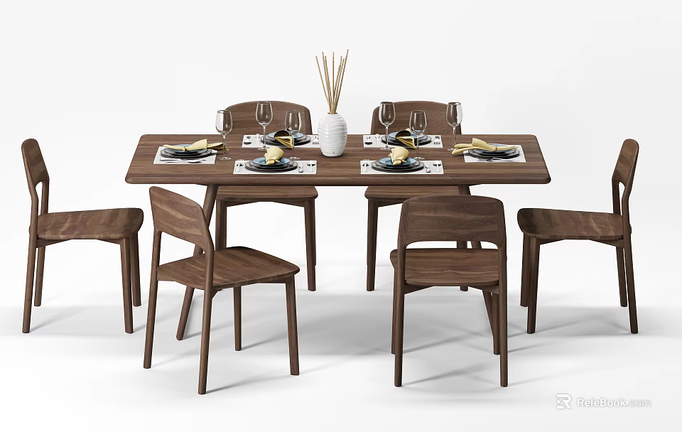 Solid Wood Rectangular Dining Table Set with Six Chairs Tableware Plates and Vase 3d model