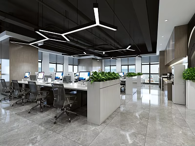 Modern Public Office Space Interior With Open Workstations Computers Green Plants And Large Windows 3d model