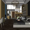 Modern Apartment Interior With Bedroom Workspace Chandelier Decorative Wall And Wooden Flooring