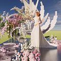 Bride In White Wedding Dress On Decorated Platform With Pink White Flowers And Reflective Ground