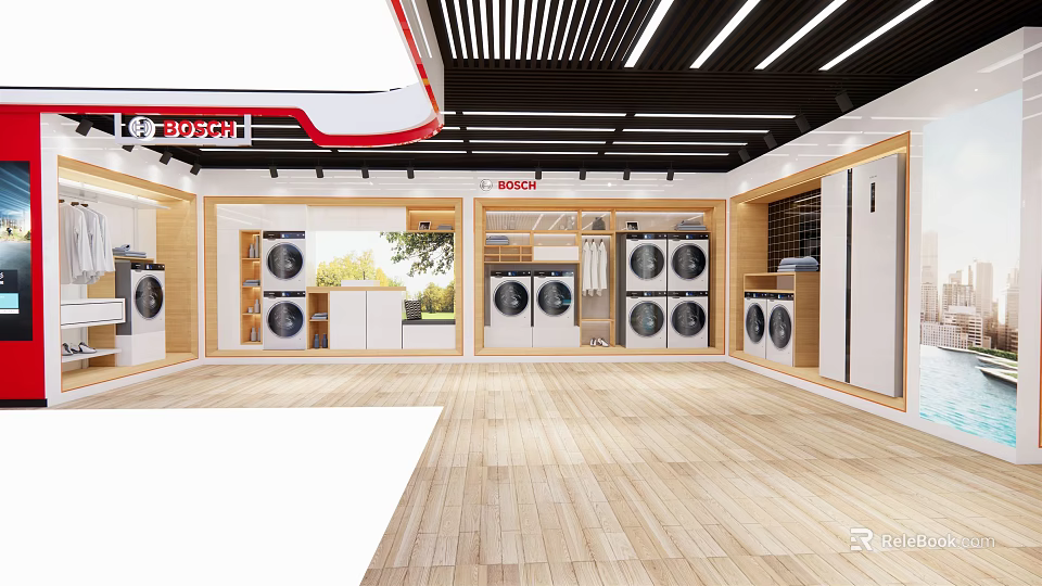 Modern Home Appliance Showroom With Multiple Bosch Washing Machines And Refrigerators 3d model 