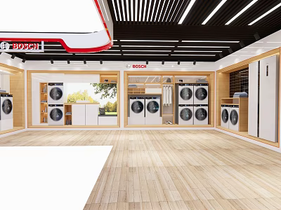 Modern Home Appliance Showroom With Multiple Bosch Washing Machines And Refrigerators 3d model