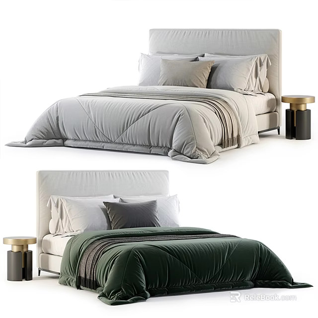 Double Bed Designs With Light Gray And Dark Green Bedding And Bedside Tables 3d model 